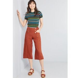 NWT MODCLOTH Gone Sailing Red Orange Linen Wide Leg Cropped Side Zip Pants Sz 2